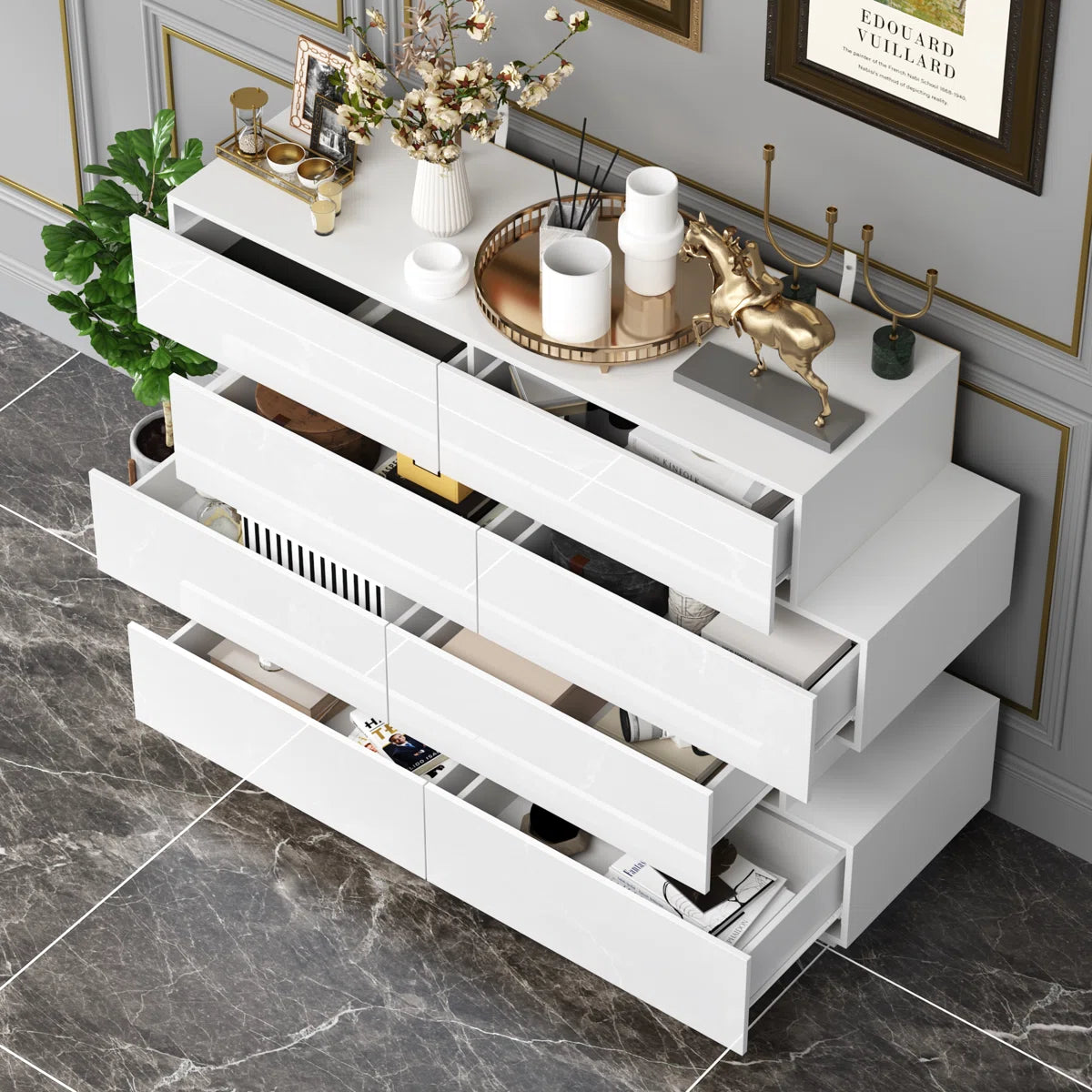 8 Drawer Double Dresser With High Gloss Surface