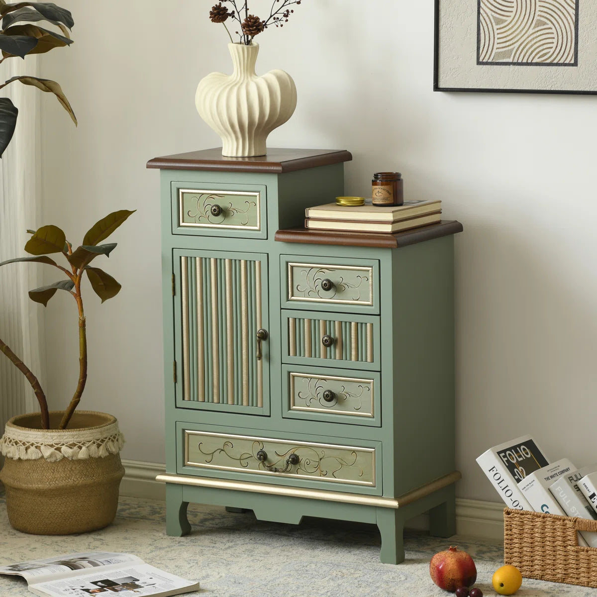 Fienley Farmhouse 1-Door Carved Wood Accent Chest With 5-Drawers, Sage Green Cabinet,Rustic Brown Top