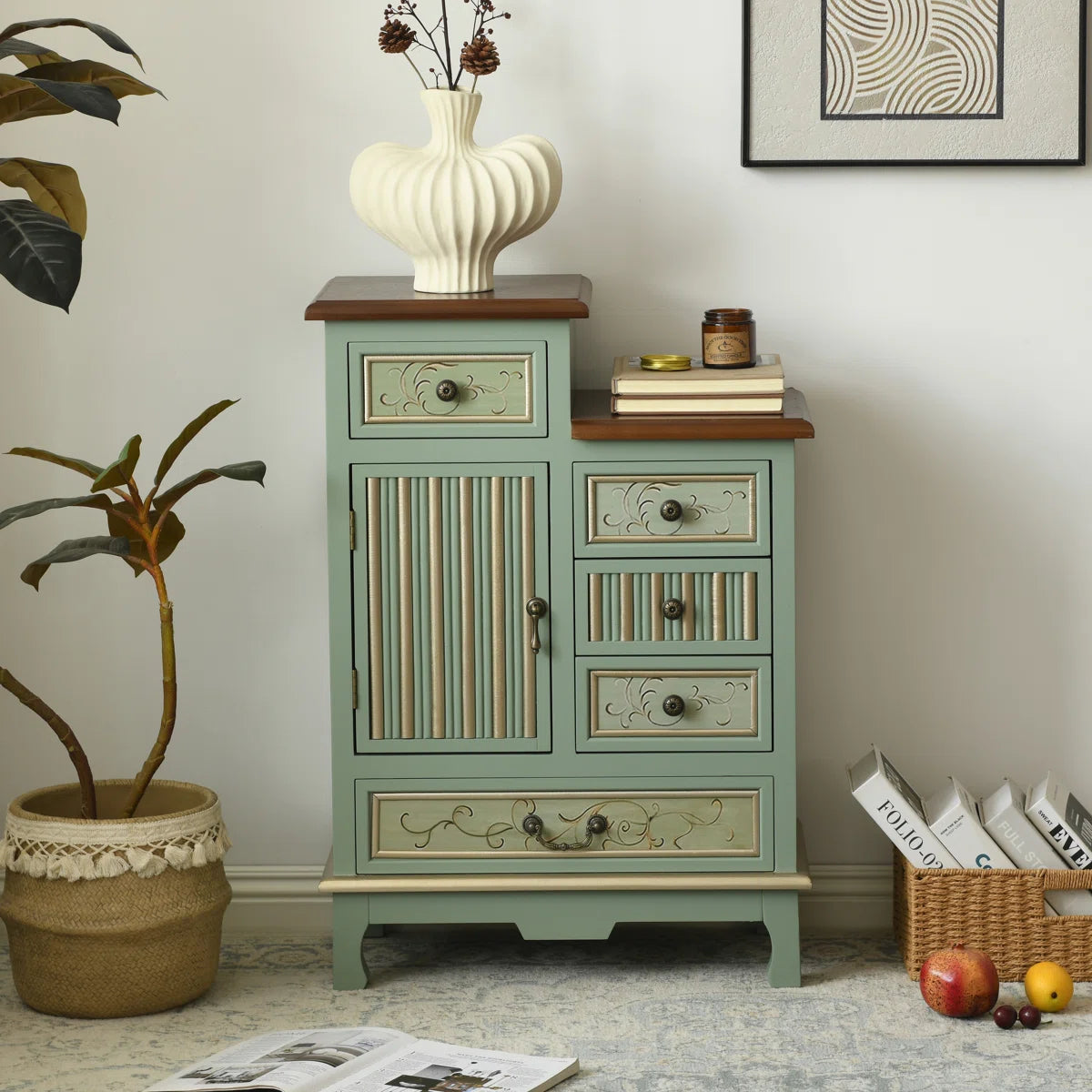 Fienley Farmhouse 1-Door Carved Wood Accent Chest With 5-Drawers, Sage Green Cabinet,Rustic Brown Top