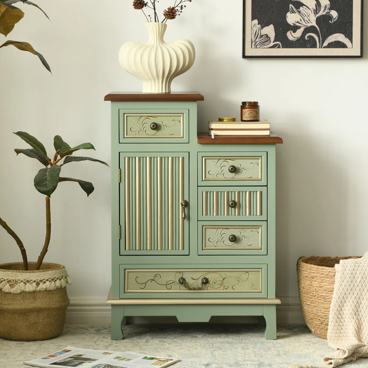Fienley Farmhouse 1-Door Carved Wood Accent Chest With 5-Drawers, Sage Green Cabinet,Rustic Brown Top