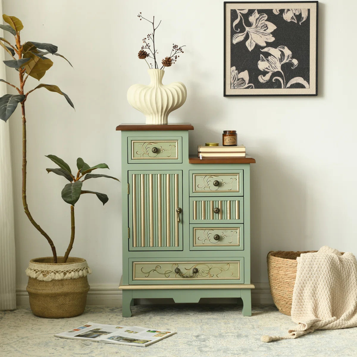 Fienley Farmhouse 1-Door Carved Wood Accent Chest With 5-Drawers, Sage Green Cabinet,Rustic Brown Top
