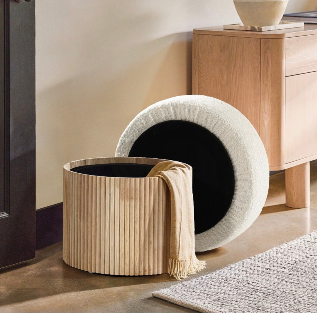 Bouclé Storage Ottoman Table